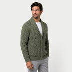Men's shawl collar cable knit cardigan in Olive Green | Barnard – side view