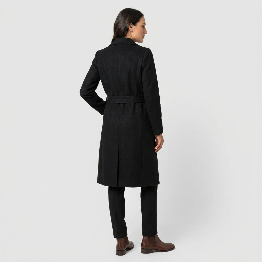 Women's Belted Wrap Coat in Black | Kettleburgh – back view