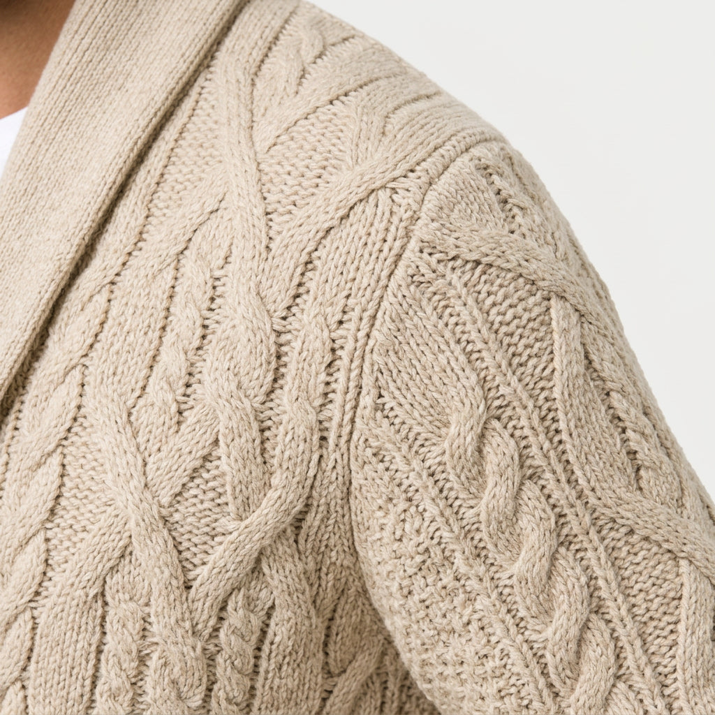Men's shawl collar cable knit cardigan in Beige | Barnard – detail view