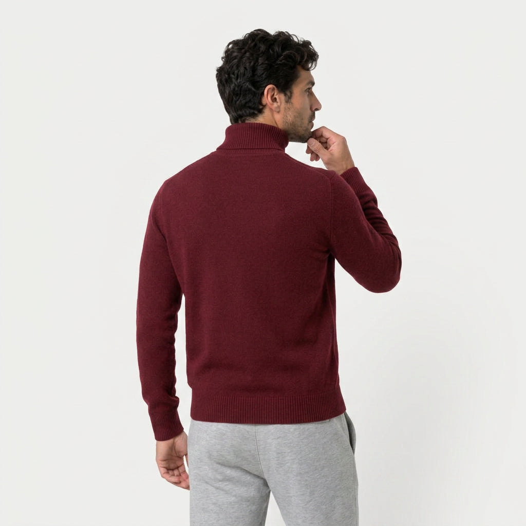 Men's roll neck jumper in Burgundy | Wambrook – side view