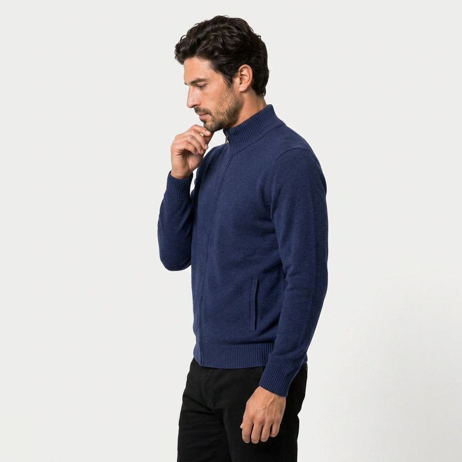 Men's full-zip wool-blend cardigan in Navy | Nunnington – side view