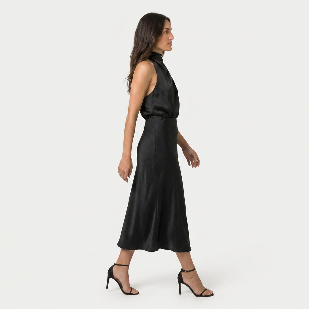 Women's satin halter midi dress in Black | Alderholt – side view