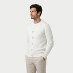 Men's ribbed V-neck cardigan in Off White | Owlpen – side view