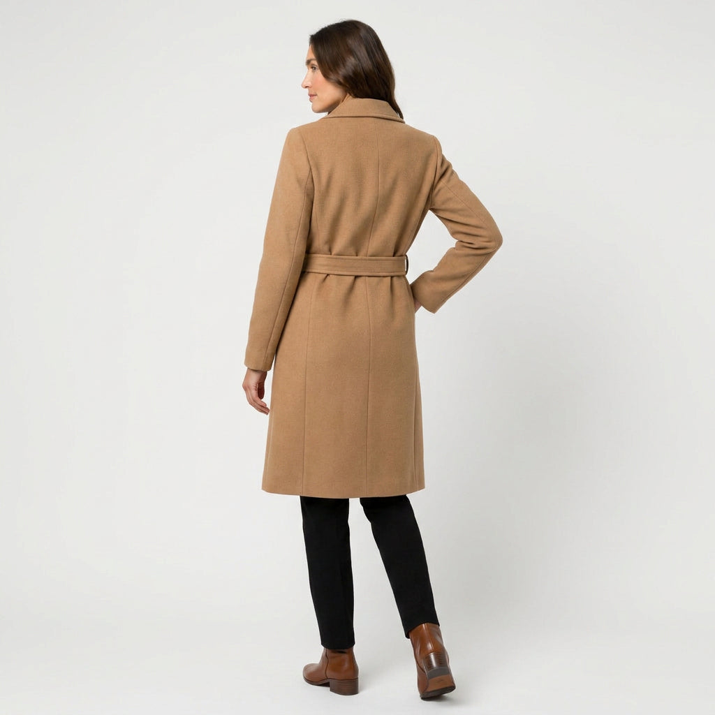 Women's Belted Wrap Coat in Camel | Kettleburgh – back view