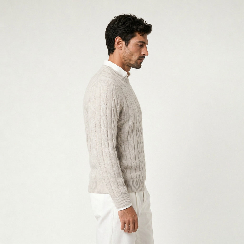 Men's cable knit crew neck jumper in Cream | Portsoy – side view