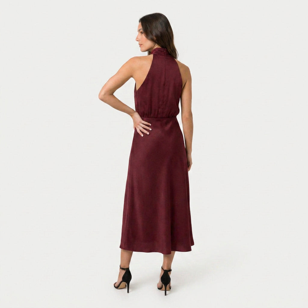 Women's satin halter midi dress in Burgundy | Alderholt – back view