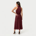 Women's satin halter midi dress in Burgundy | Alderholt – back view