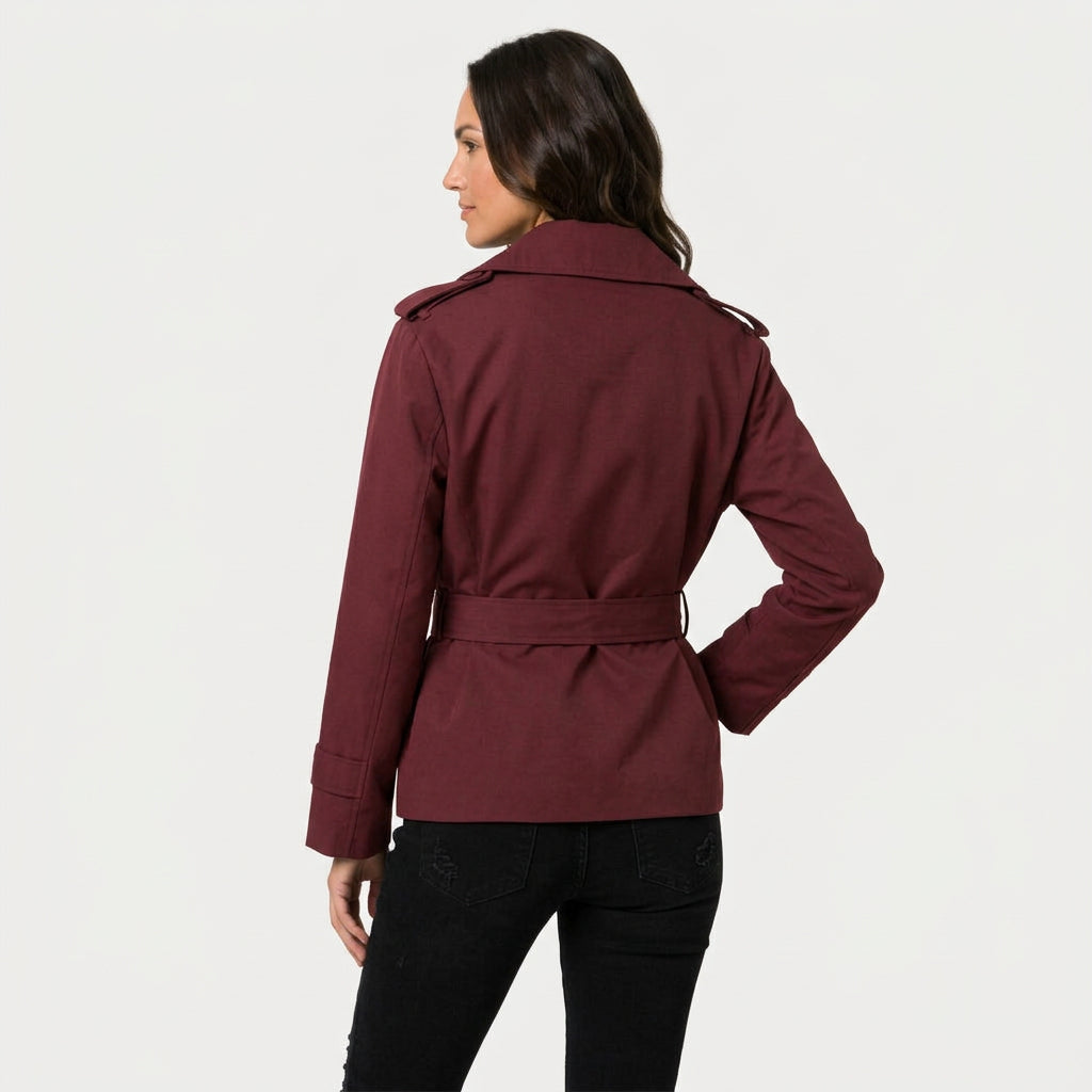 Women's short trench coat in Burgundy | Abbotsbury – back view