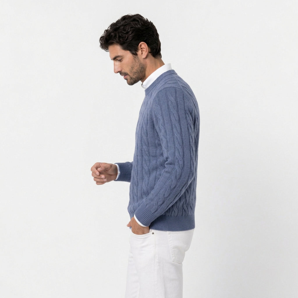 Men's cable knit crew neck jumper in Blue | Portsoy – side view