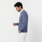 Men's cable knit crew neck jumper in Blue | Portsoy – side view