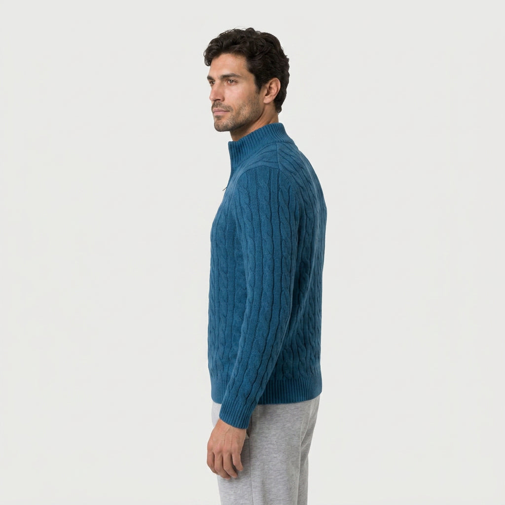 Men's cable knit quarter-zip jumper in Blue | Ombersley – side view