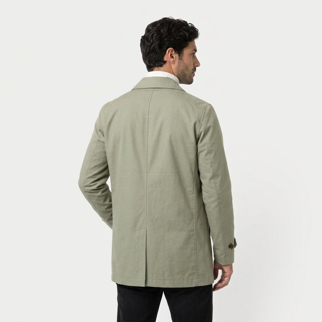 Men's single-breasted car coat in Sage | Rockbourne – back view