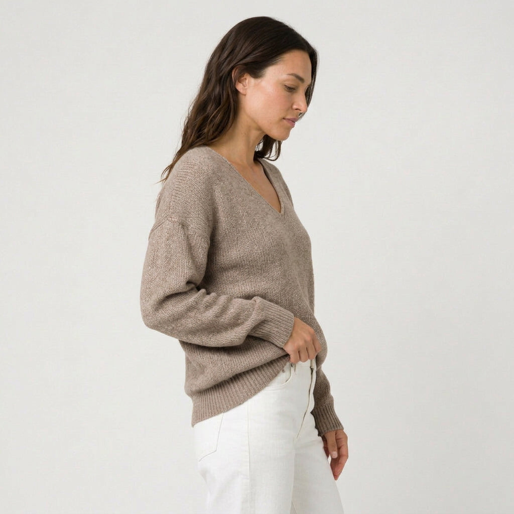 Women's Ribbed V-Neck Jumper in Taupe | Glaisdale – side view