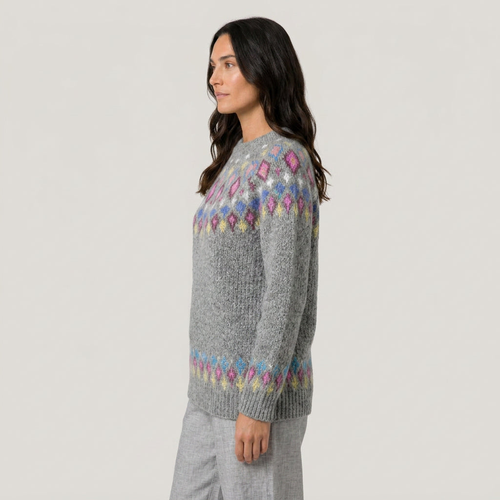 Women's Fair Isle crew neck jumper in Grey Multi | Hinderclay – side view