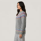 Women's Fair Isle crew neck jumper in Grey Multi | Hinderclay – side view