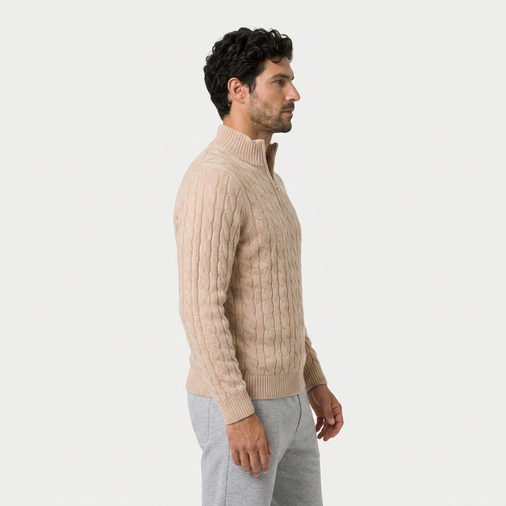 Men's cable knit quarter-zip jumper in Beige | Ombersley – side view