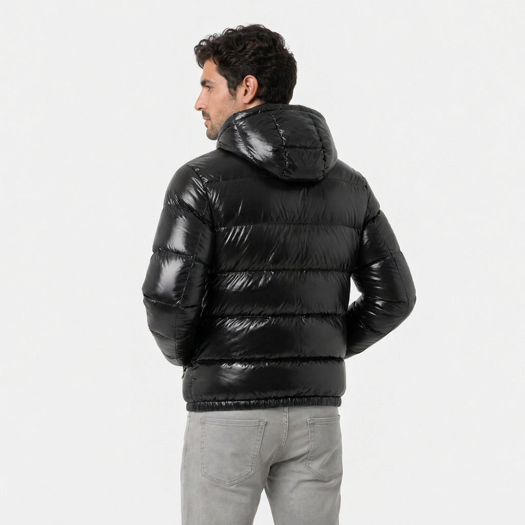 Men's high-shine hooded puffer jacket in Black | Raskelf – back view