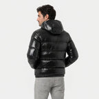 Men's high-shine hooded puffer jacket in Black | Raskelf – back view