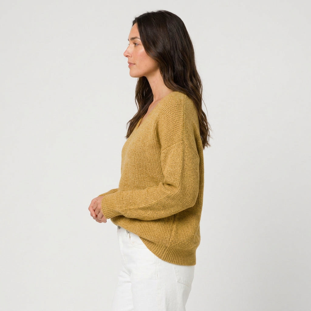 Women's Ribbed V-Neck Jumper in Mustard | Glaisdale – side view