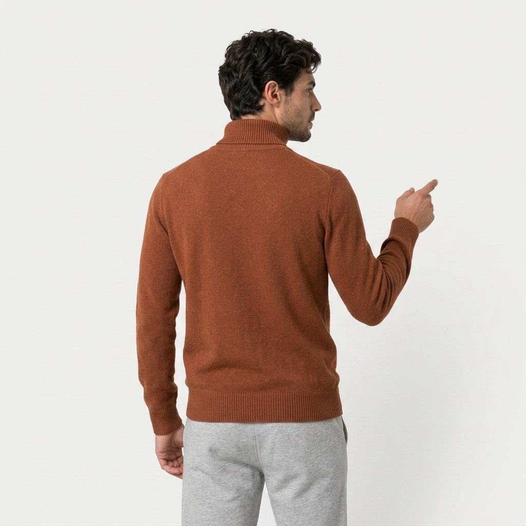 Men's roll neck jumper in Rust | Wambrook – back view