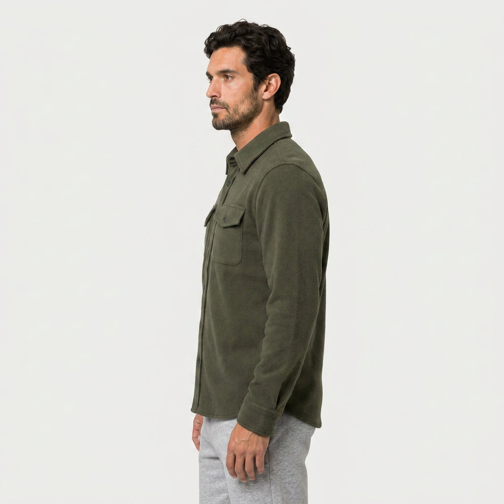 Men's brushed overshirt in Olive | Nettlecombe – side view