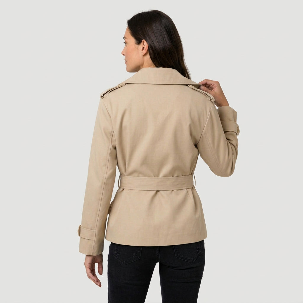 Women's short trench coat in Beige | Abbotsbury – back view