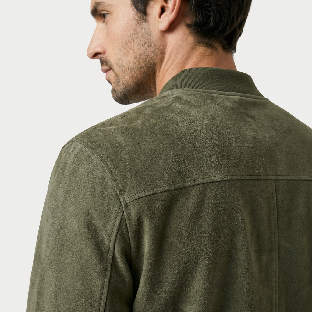 Men's washed bomber jacket in Olive | Pertenhall – detail view