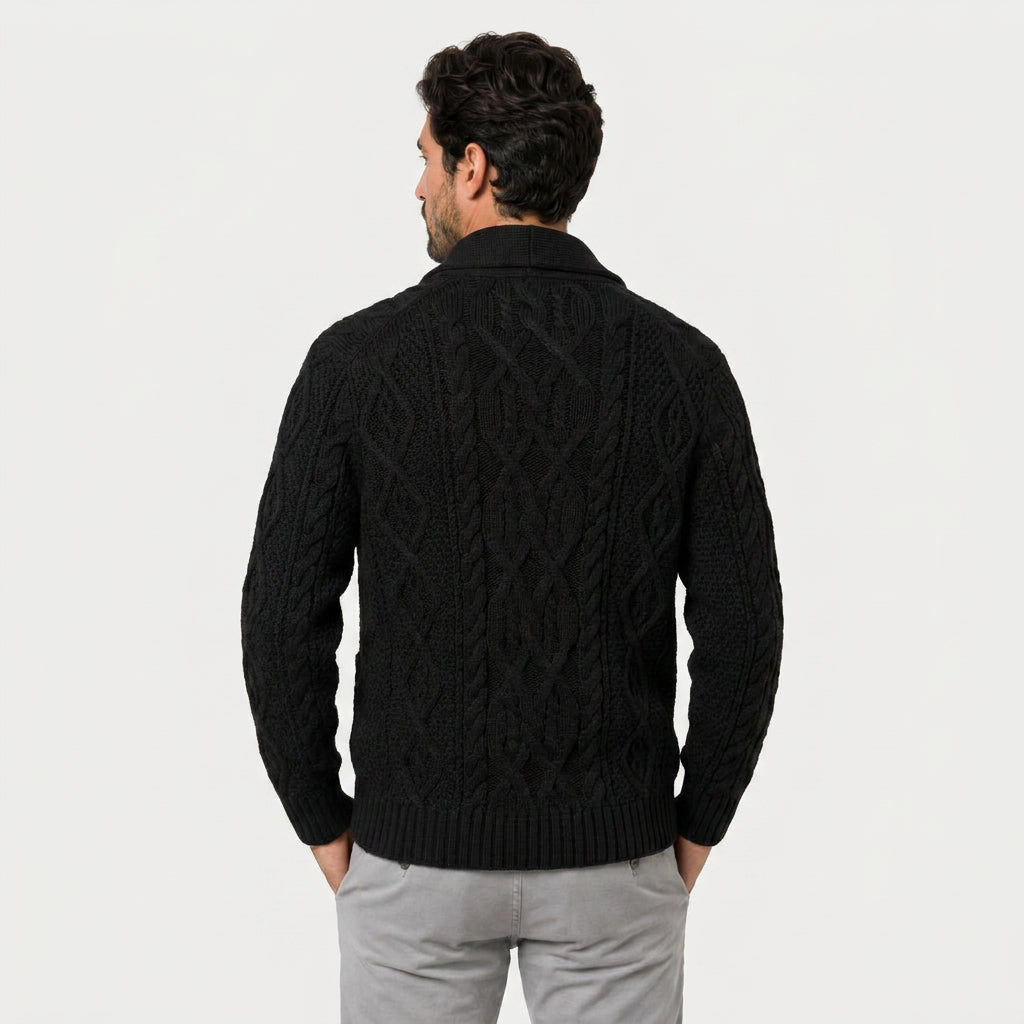 Men's shawl collar cable knit cardigan in Black | Barnard – side view