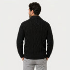Men's shawl collar cable knit cardigan in Black | Barnard – side view