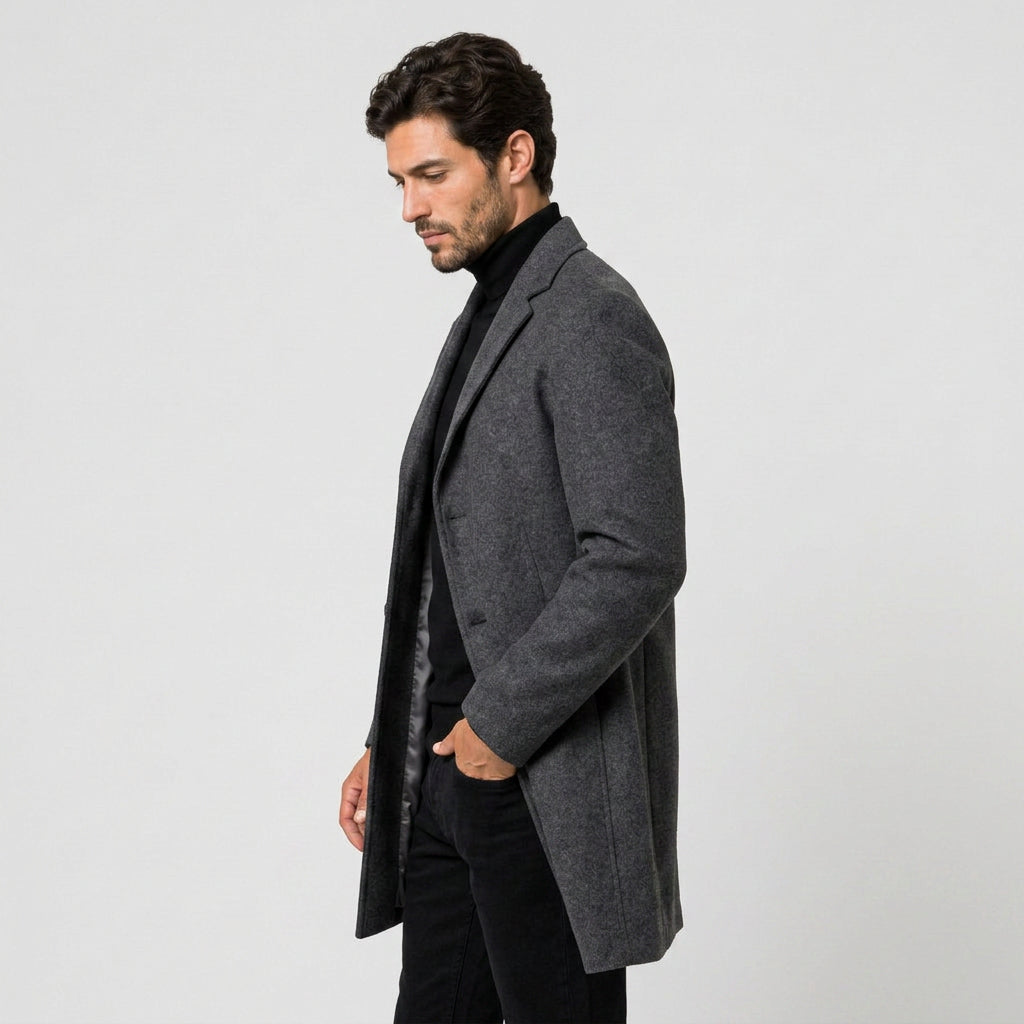 Men's Single-Breasted Overcoat in Charcoal | Tebay – side view
