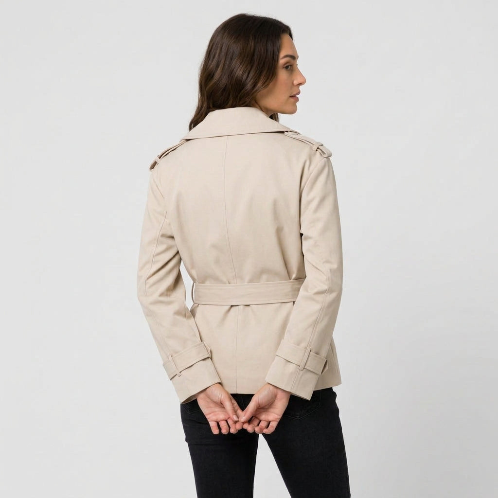 Women's short trench coat in Cream | Abbotsbury – back view
