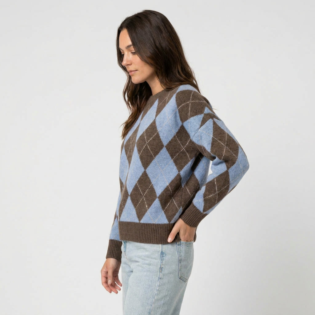 Women's argyle crew neck jumper in Blue | Langtoft – side view