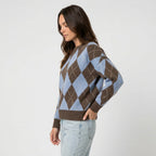 Women's argyle crew neck jumper in Blue | Langtoft – side view