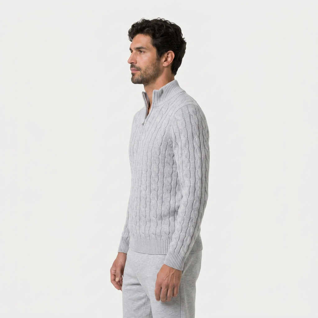 Men's cable knit quarter-zip jumper in Light Grey | Ombersley – side view