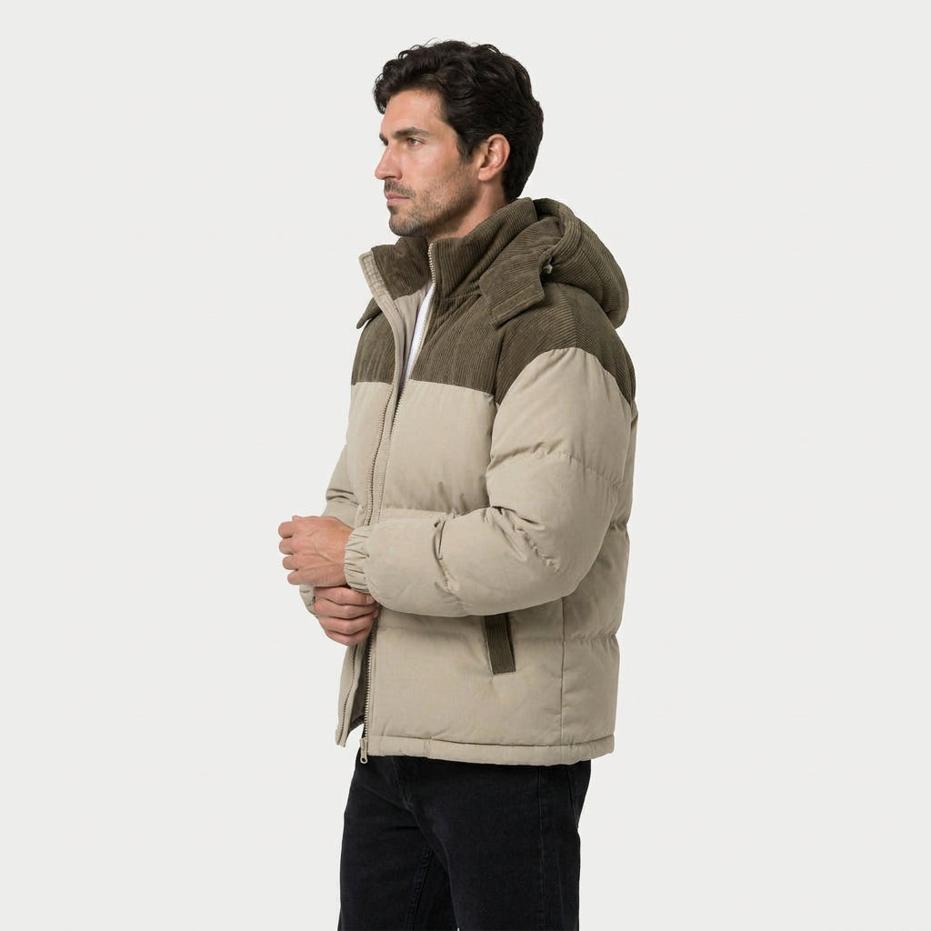 Men's corduroy hooded puffer jacket in Beige | Ousby – side view