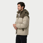 Men's corduroy hooded puffer jacket in Beige | Ousby – side view