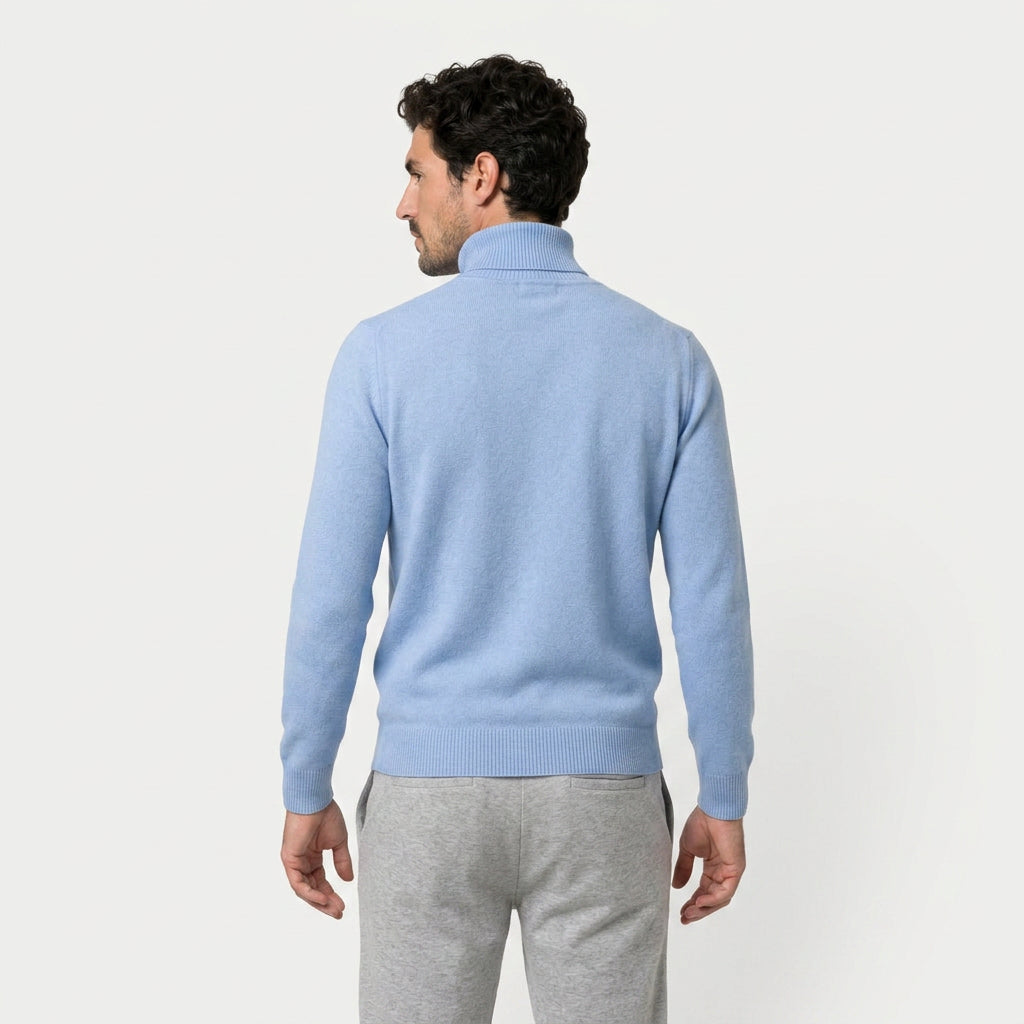 Men's roll neck jumper in Light Blue | Wambrook – back view