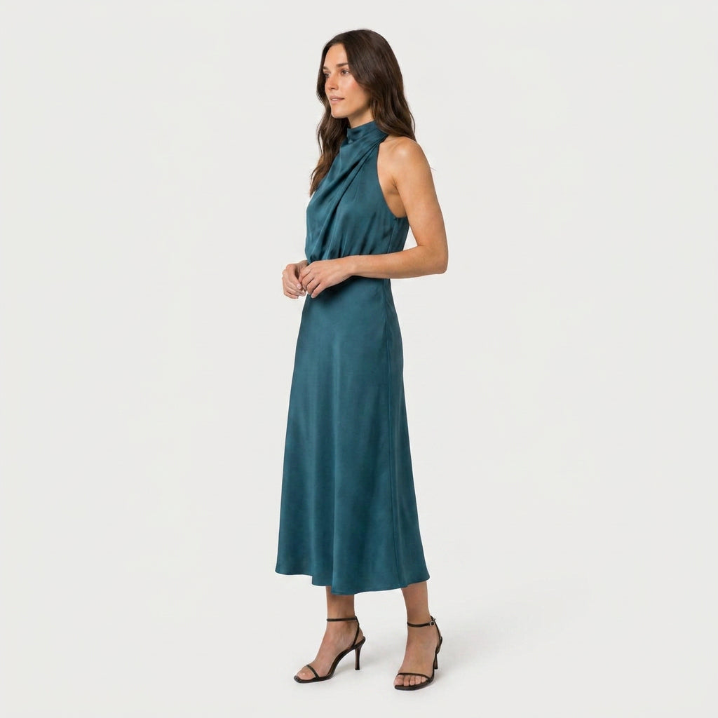 Women's satin halter midi dress in Teal | Alderholt – side view