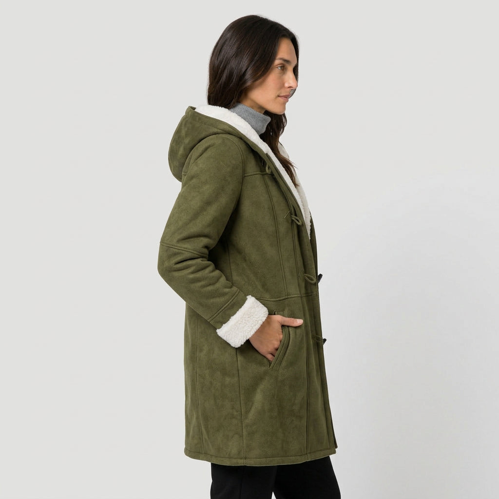 Women's hooded duffle coat in Olive | Glapthorn – side view