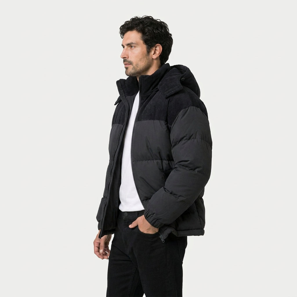 Men's corduroy hooded puffer jacket in Black | Ousby – side view