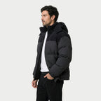 Men's corduroy hooded puffer jacket in Black | Ousby – side view