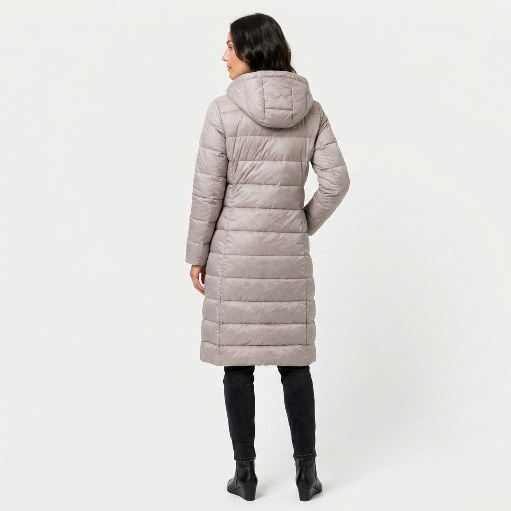Women's Longline Puffer Coat in Stone | Idbury – back view