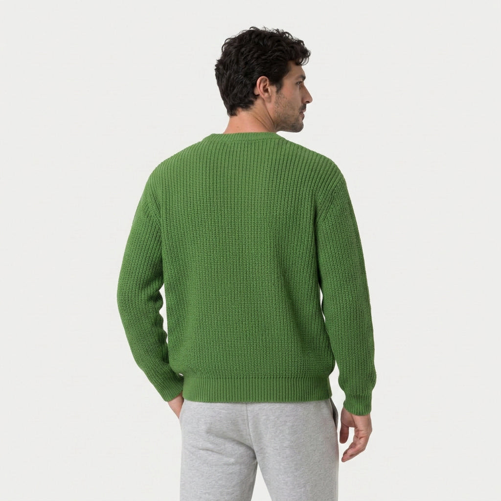 Men's ribbed crew neck jumper in Green | Wigtoft – back view