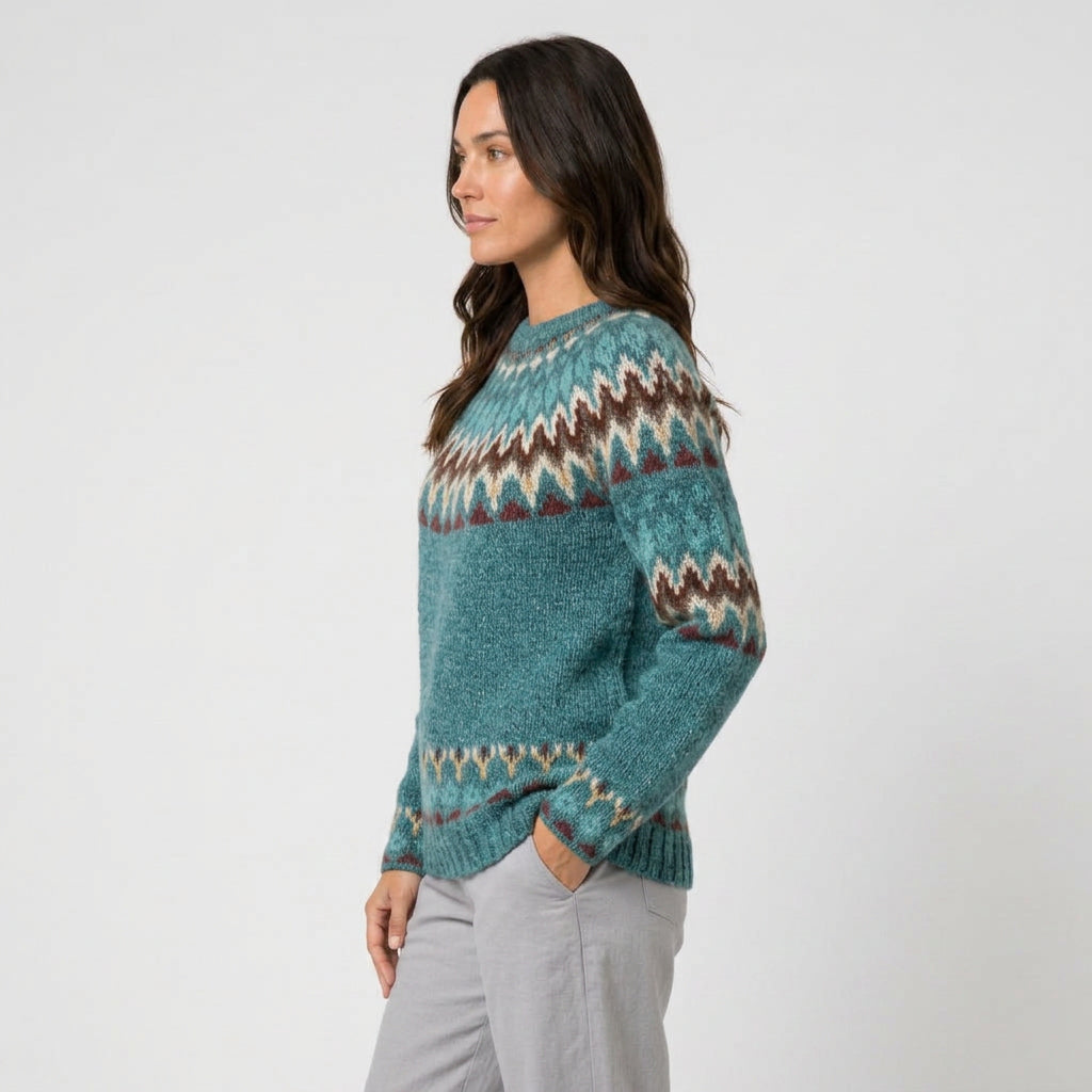 Women's Fair Isle crew neck jumper in Teal | Hinderclay – side view