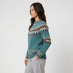 Women's Fair Isle crew neck jumper in Teal | Hinderclay – side view