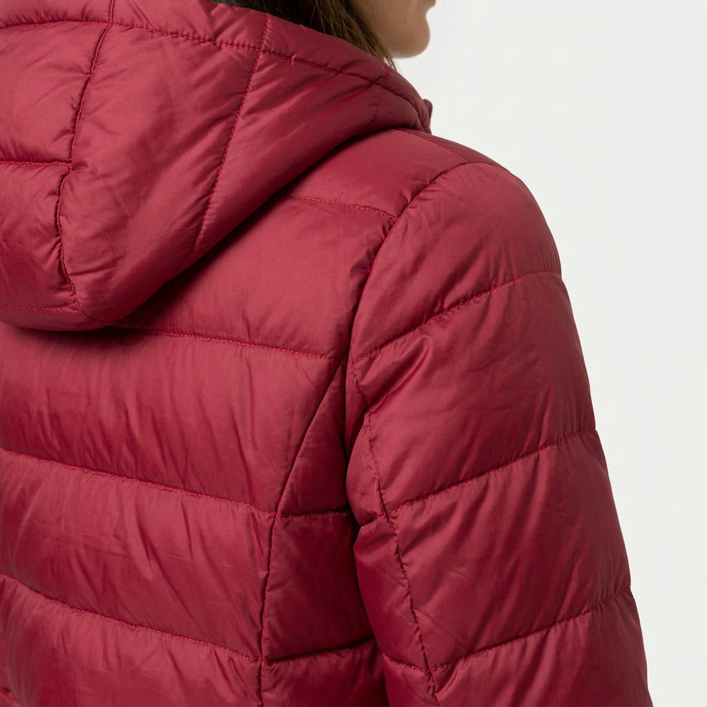 Women's Longline Puffer Coat in Red | Idbury – detail view