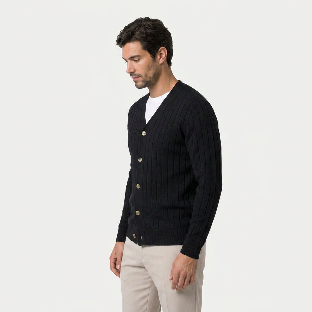 Men's ribbed V-neck cardigan in Black | Owlpen – side view