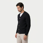Men's ribbed V-neck cardigan in Black | Owlpen – side view