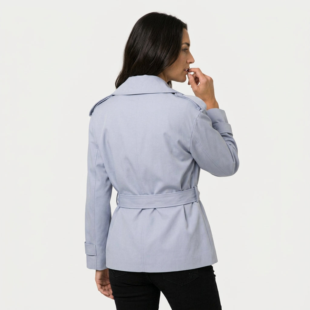 Women's short trench coat in Light Blue | Abbotsbury – back view