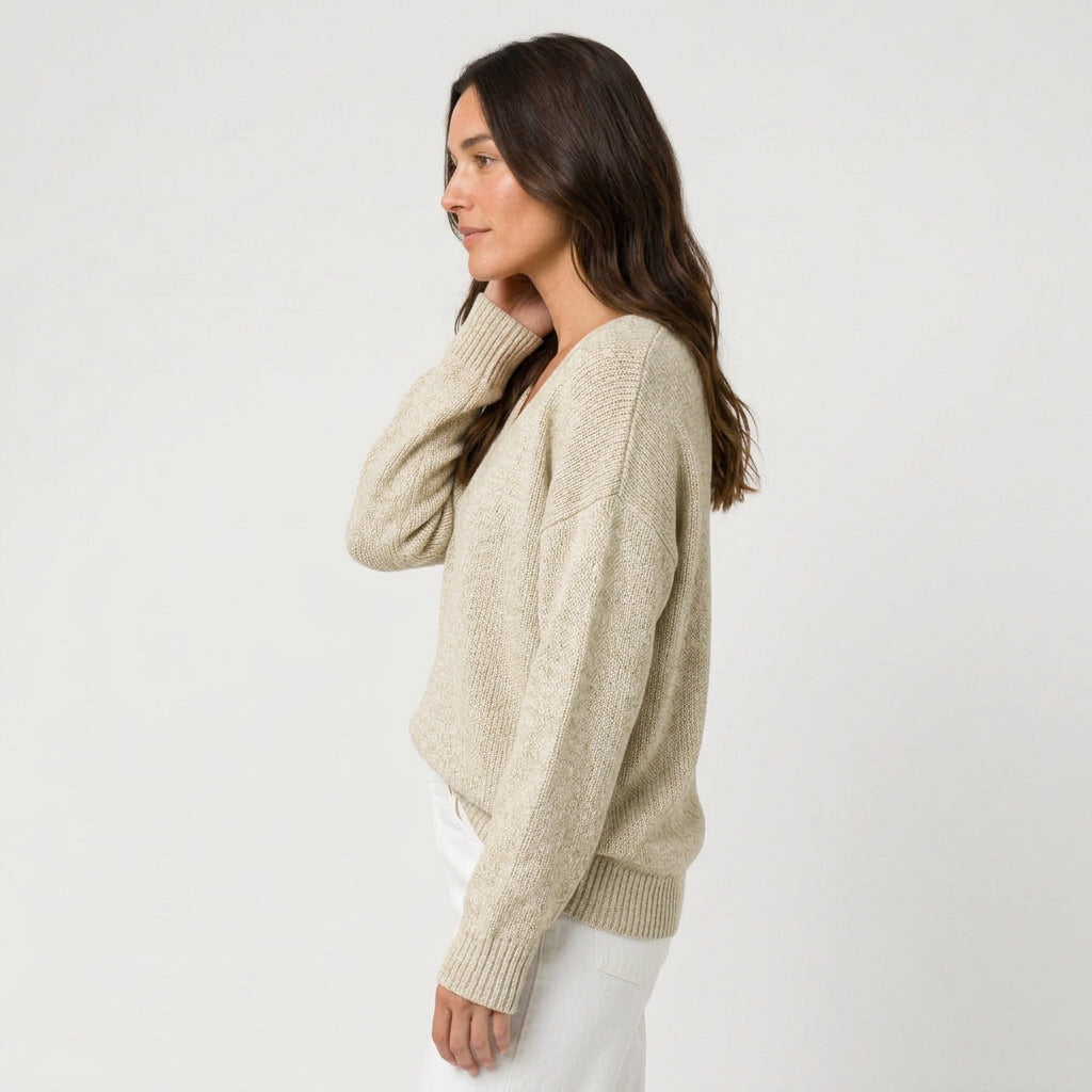 Women's Ribbed V-Neck Jumper in Cream | Glaisdale – side view